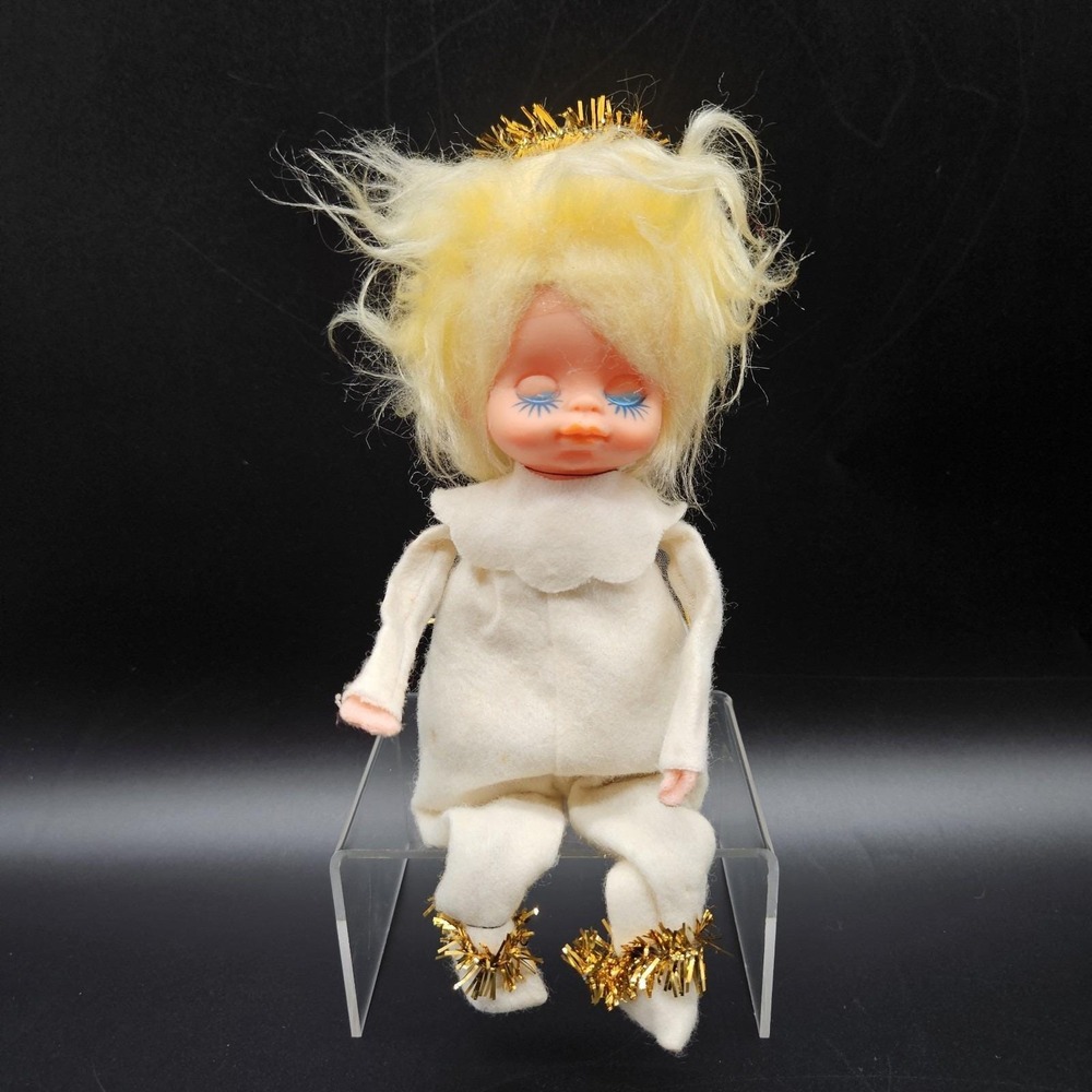 VTG Sleeping Pixie Angel Knee Hugger Ornament 50s Felt Tinsel Halo Wings Japan A